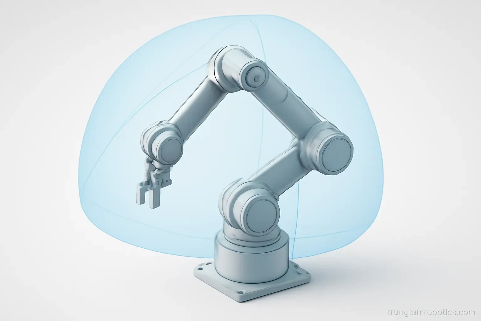 Cánh tay robot với vùng không gian làm việc được vẽ mờ bao quanh