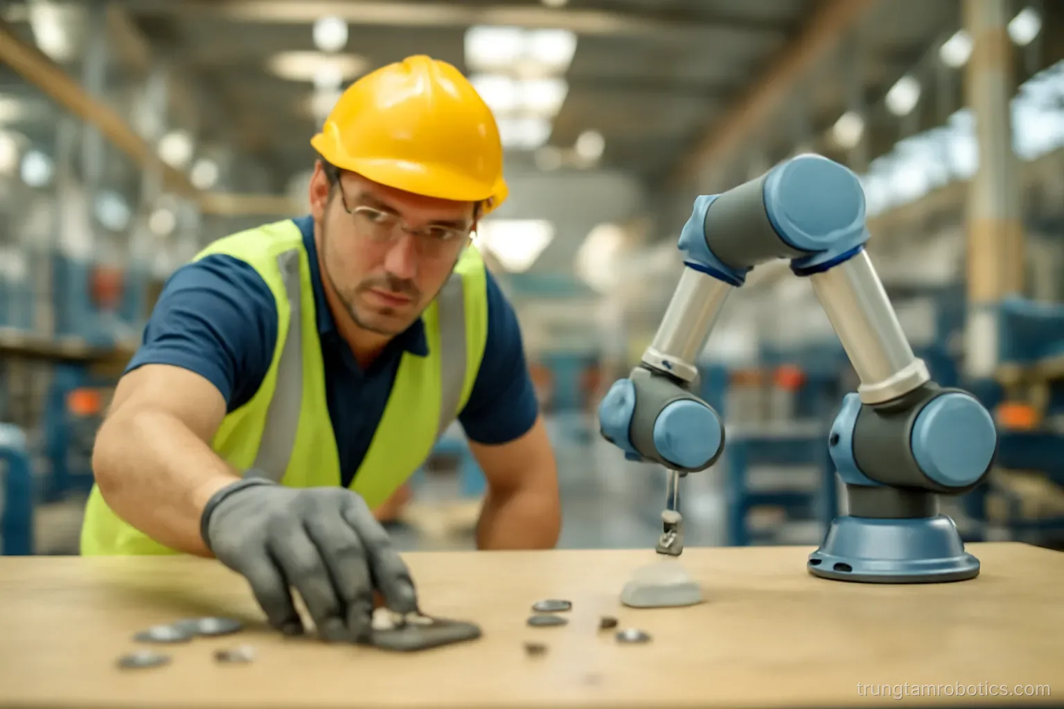 Người công nhân đưa tay lấy chi tiết trong khi robot nhỏ bên cạnh giảm tốc độ
