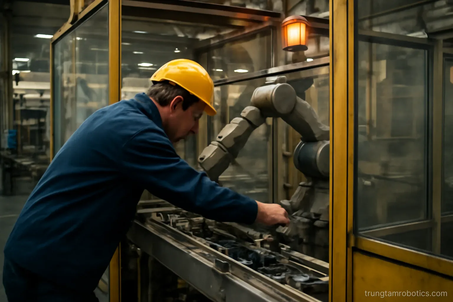 Kỹ thuật viên xử lý sự cố kẹt phôi tại trạm robot đang dừng