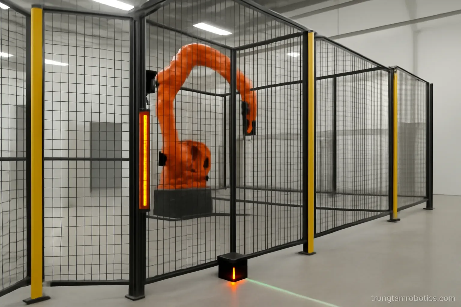 Trạm robot có rào lưới, màn chắn quang ở cửa vào và máy quét laser đặt dưới sàn