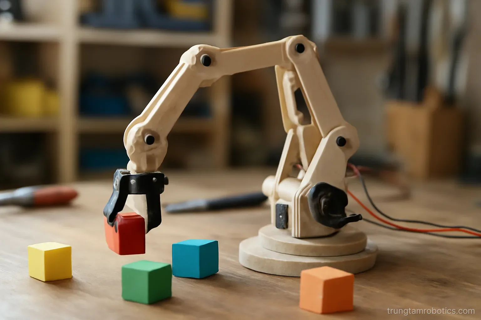 Cánh tay robot nhỏ tự chế đang xếp các khối gỗ màu trên bàn