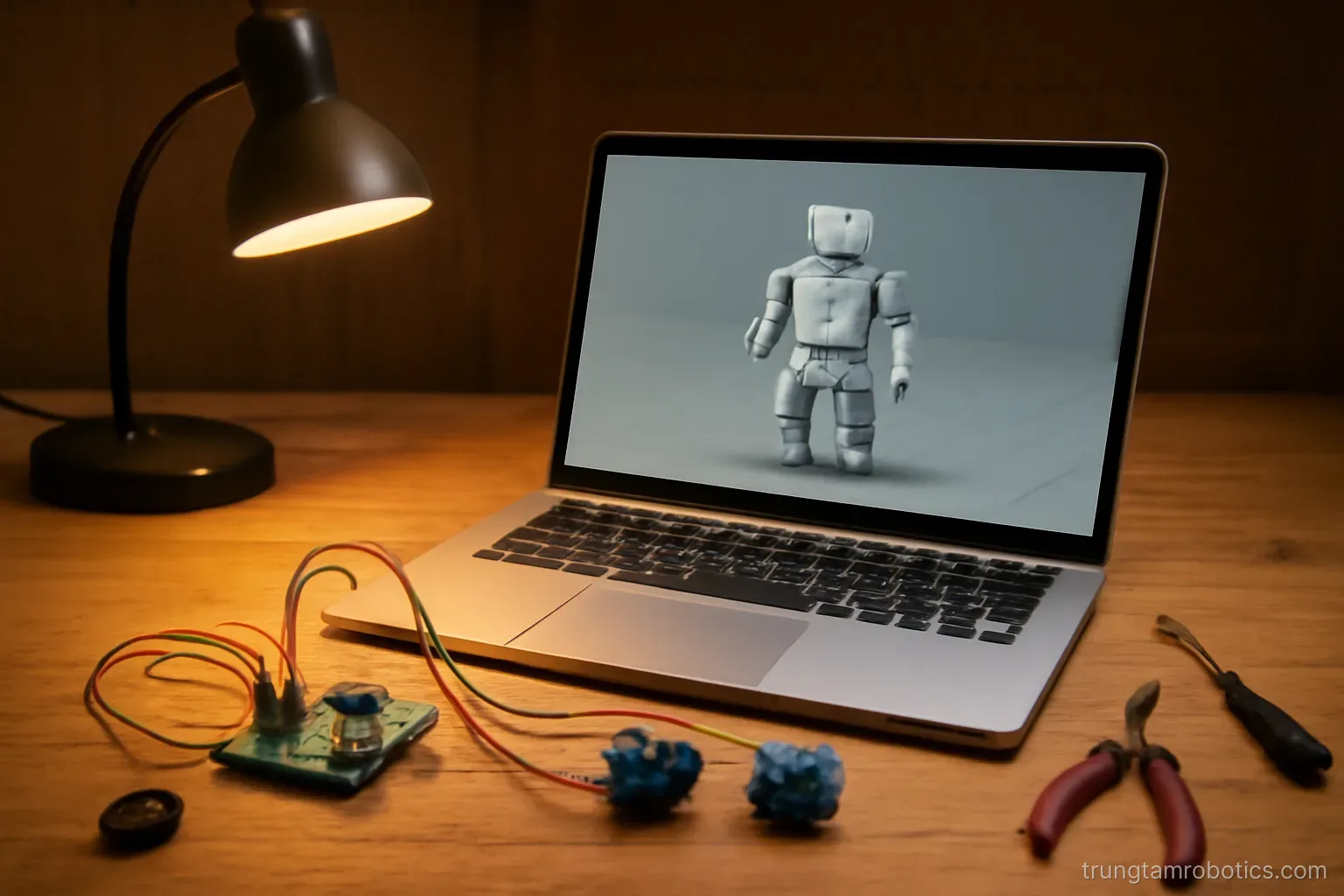 Bàn học có máy tính chạy phần mềm mô phỏng robot và một bo mạch điều khiển nhỏ bên cạnh
