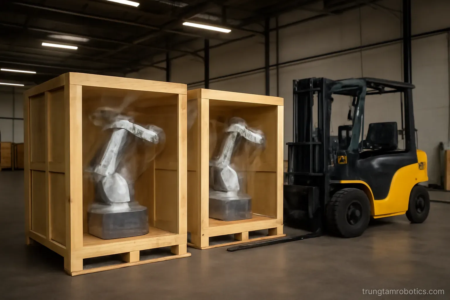 Hai thùng gỗ chứa robot mới đặt trong kho nhà máy chờ lắp đặt