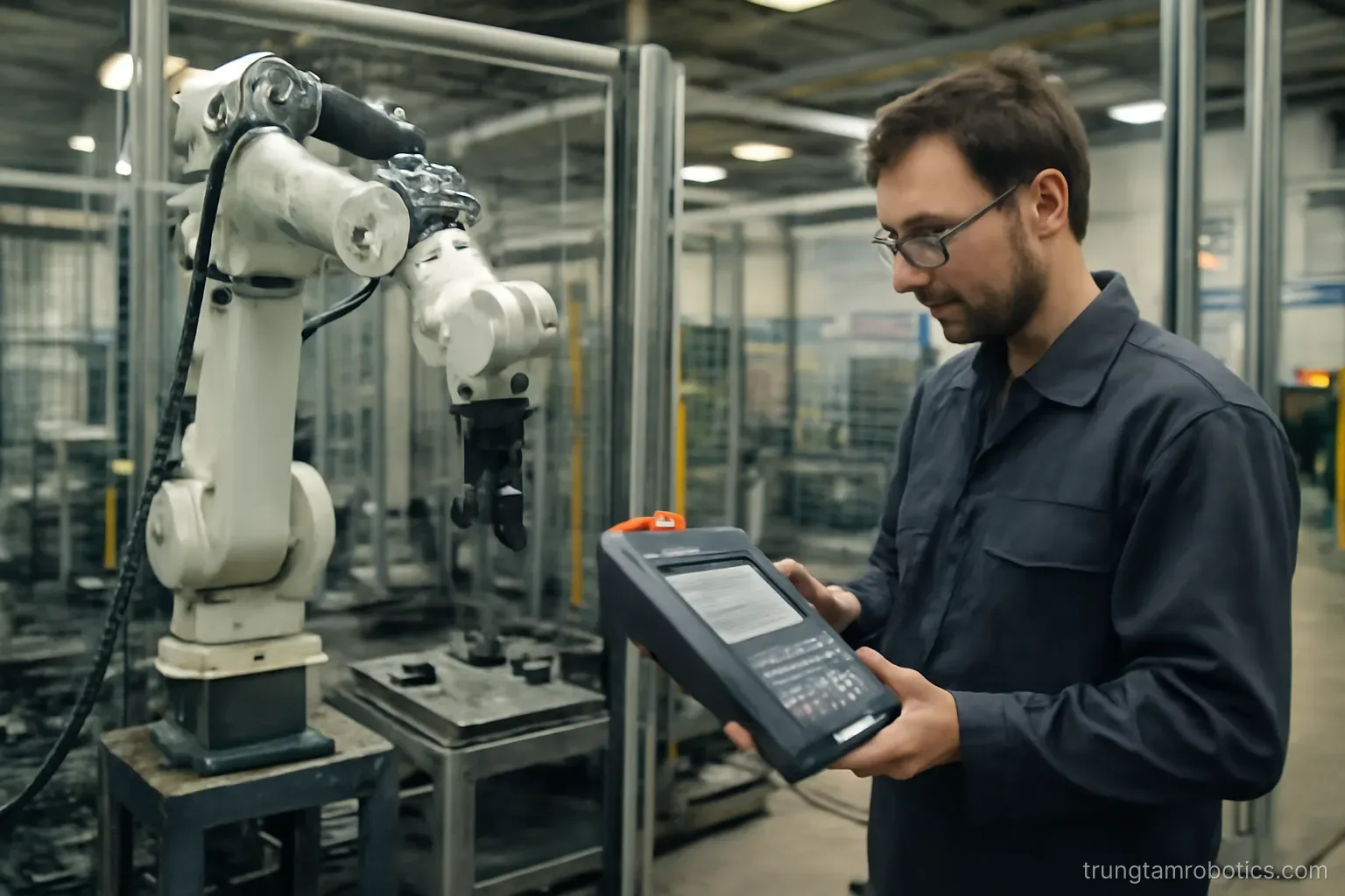 Kỹ sư tích hợp đang lập trình robot bằng tay dạy điểm tại trạm mới lắp