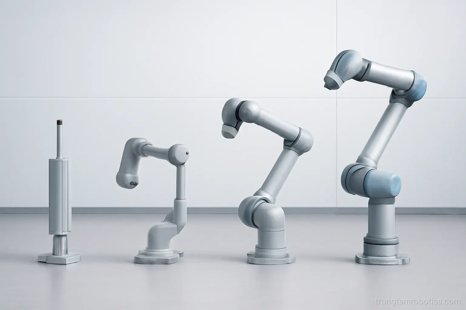 Sơ đồ so sánh các loại robot với số bậc tự do khác nhau, từ máy đơn giản đến cánh tay robot 6 trục
