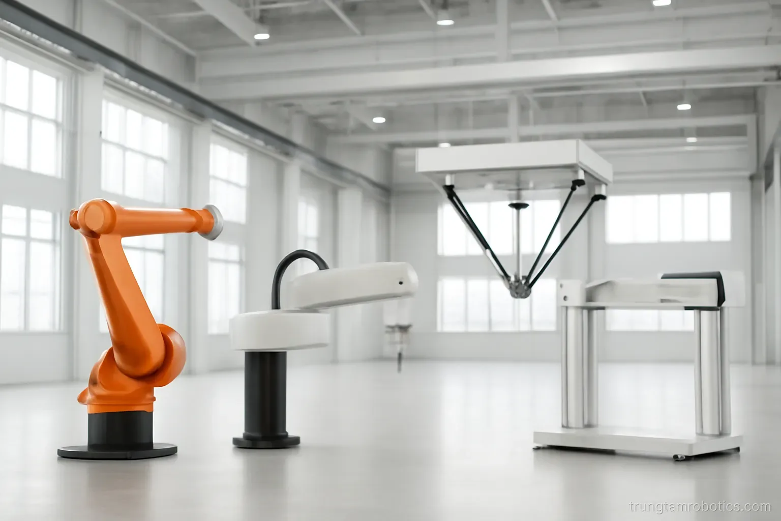 Bốn cấu hình cánh tay robot đặt cạnh nhau: khớp nối, SCARA, Delta và trục Descartes