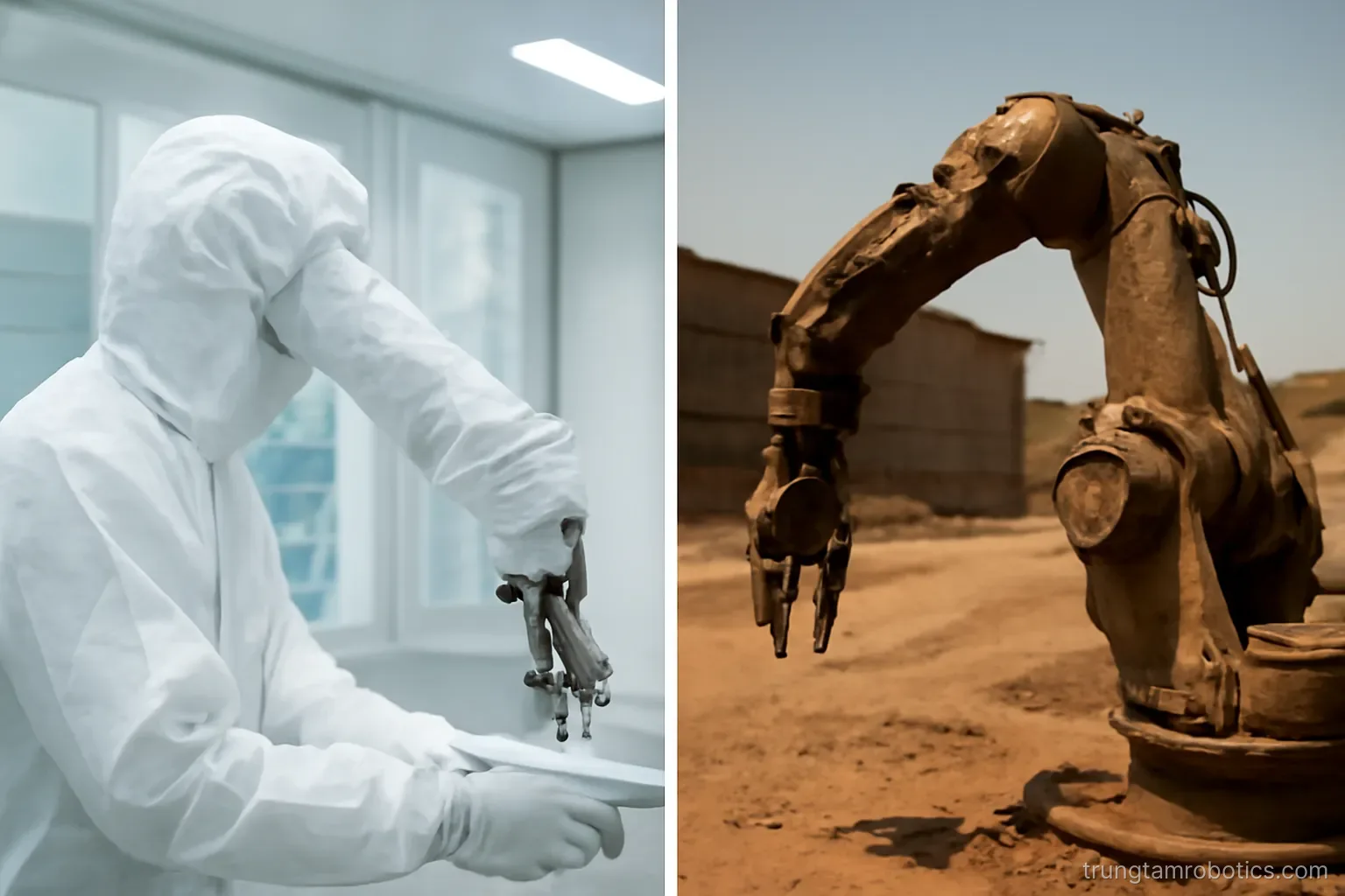 Robot trong phòng sạch mặc áo bọc trắng đặt cạnh một robot ngoài trời phủ bụi