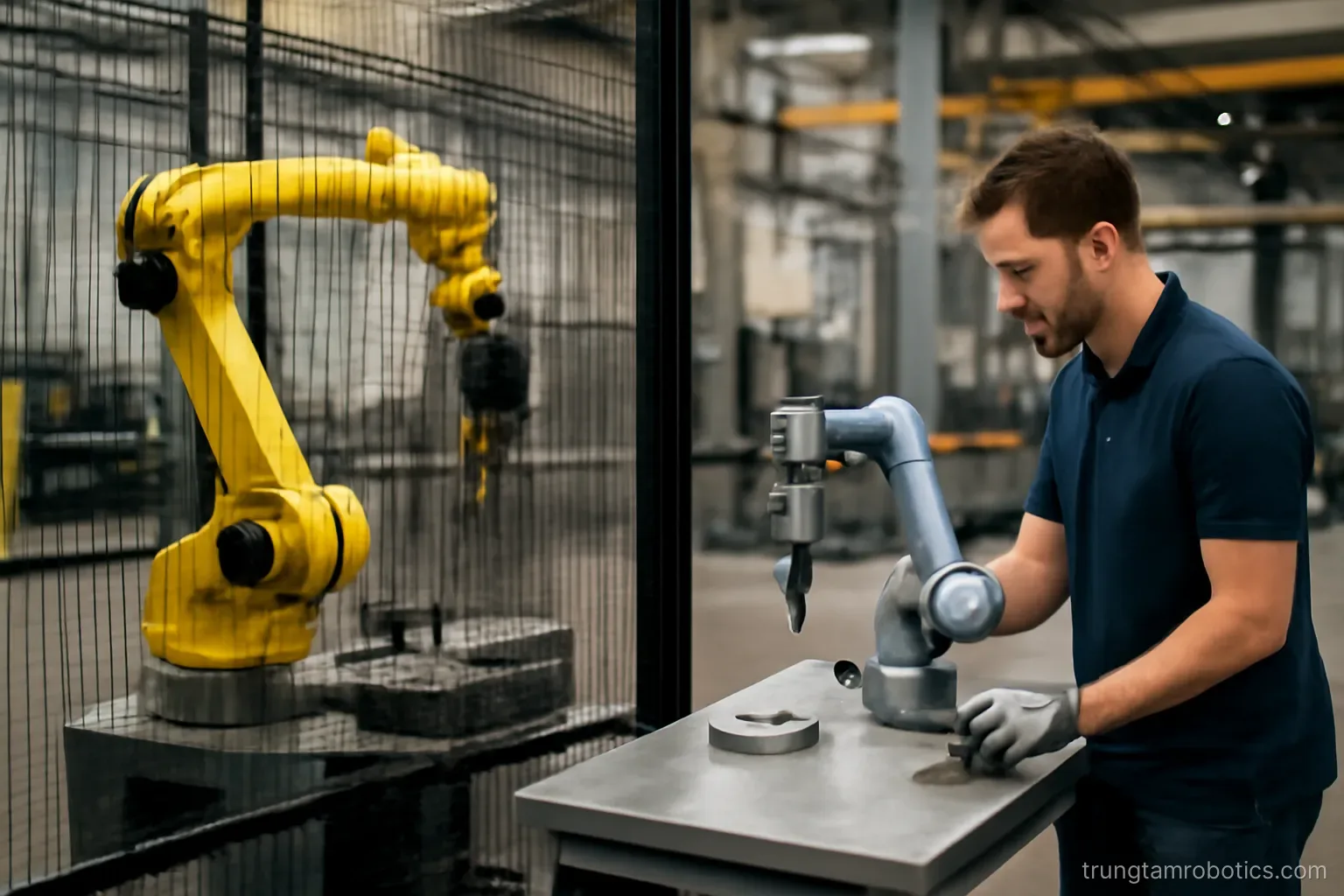 Một trạm robot có rào chắn bên cạnh một trạm robot cộng tác làm việc không rào cùng người