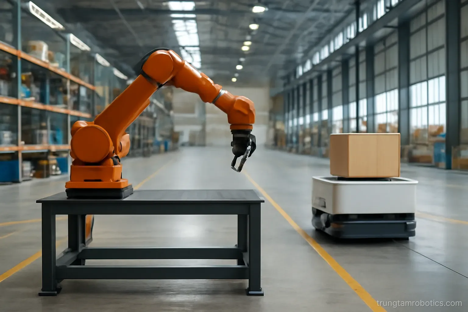 Robot cánh tay gắn cố định bên cạnh một xe robot tự hành đang chở hàng trong nhà kho