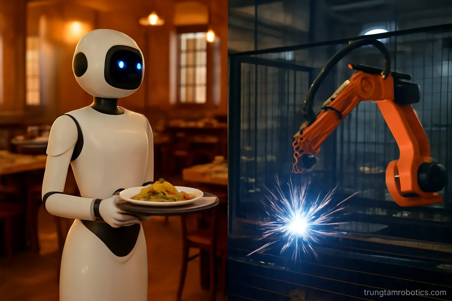 Robot phục vụ bưng khay trong nhà hàng đặt cạnh cánh tay robot hàn trong nhà máy