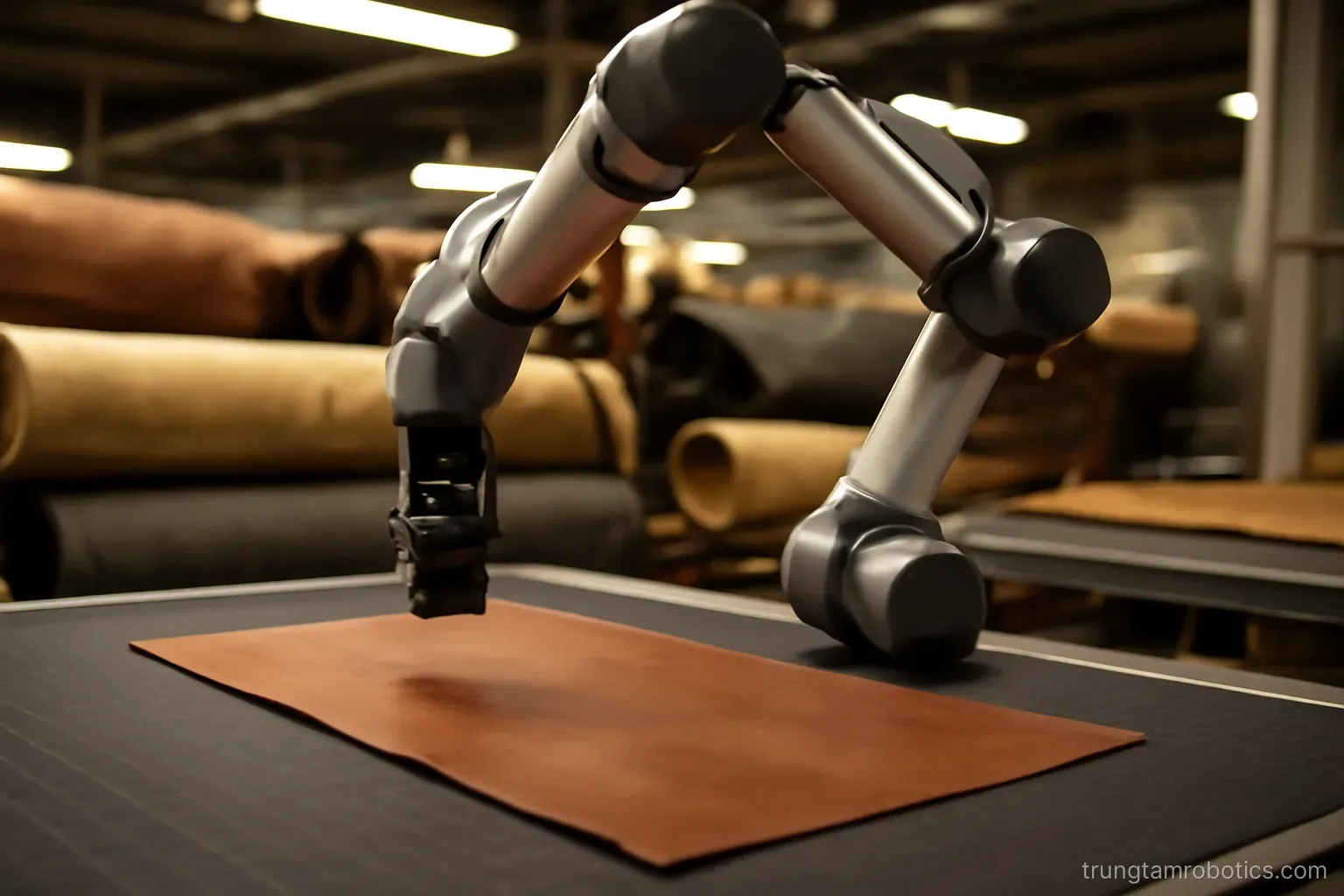 Robot đặt chi tiết da lên bàn cắt trong xưởng sản xuất giày