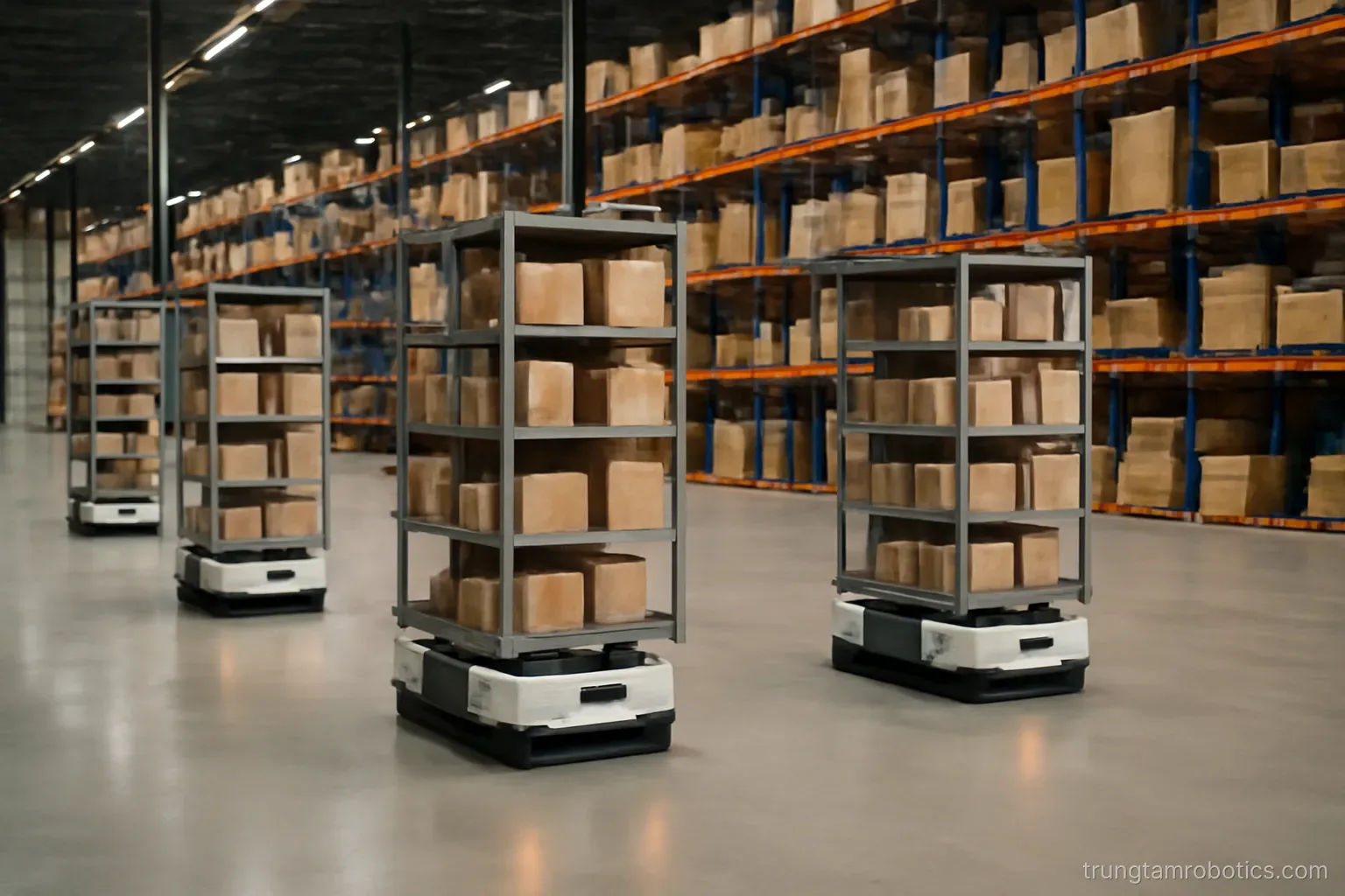 Robot di động chở kệ hàng trong kho hàng hoá lớn