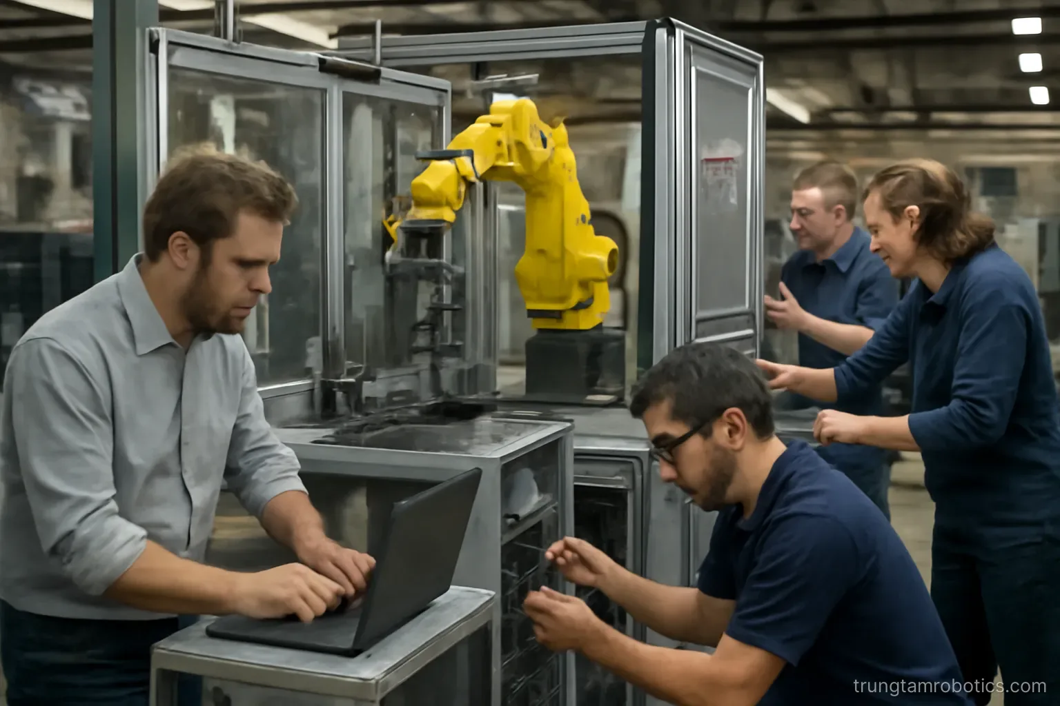 Nhóm kỹ sư đứng quanh một trạm robot đang lắp đặt, mỗi người làm một phần việc khác nhau