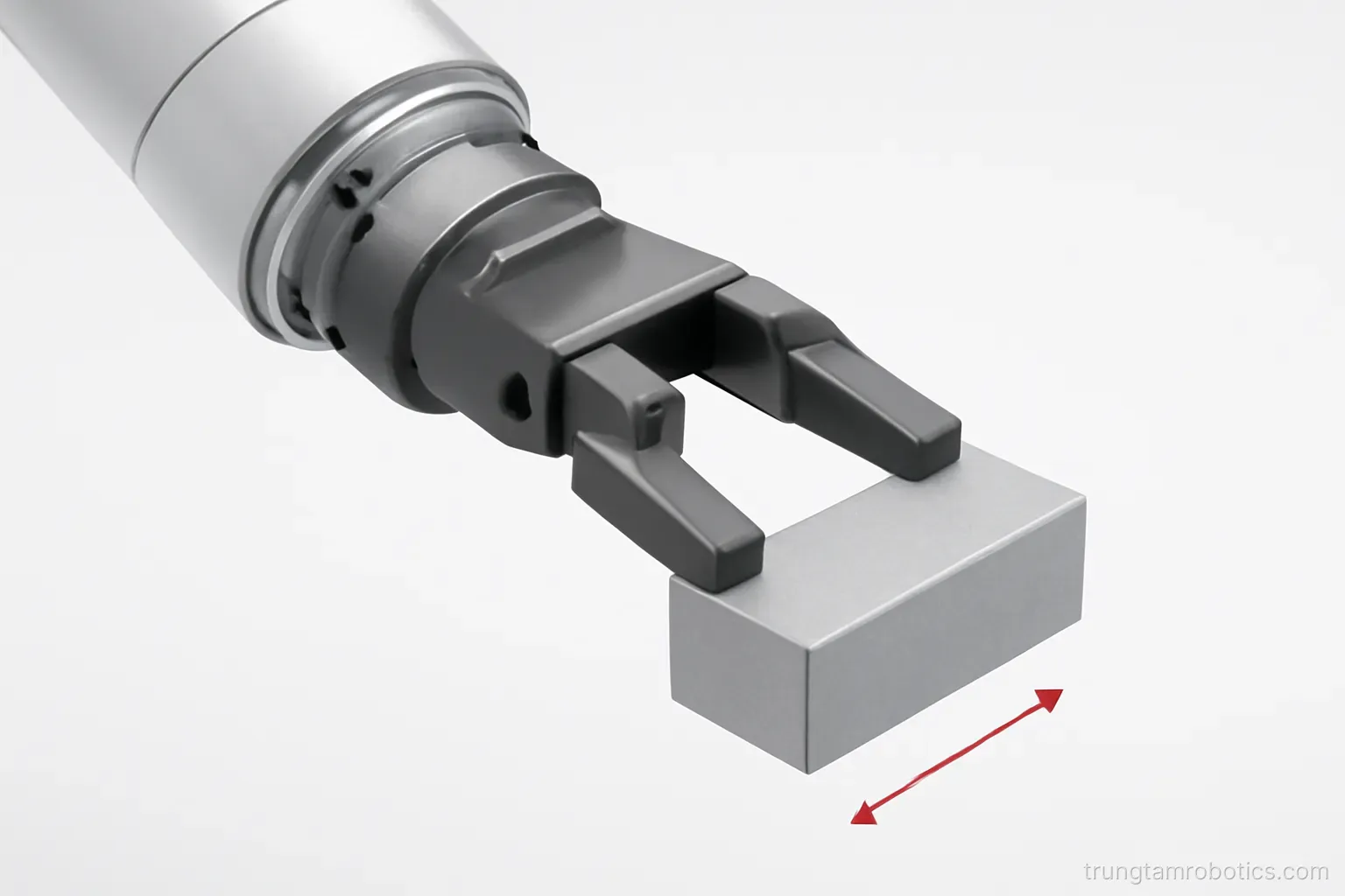 Tay kẹp gắn trên mặt bích robot với mũi tên chỉ khoảng cách từ mặt bích tới trọng tâm