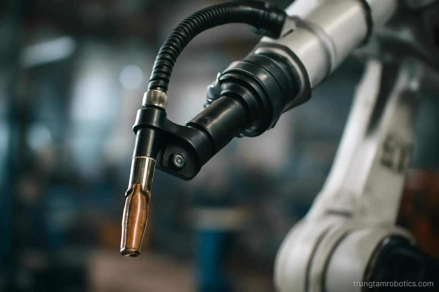 Đầu hàn gắn trên robot với điểm tâm công cụ được đánh dấu ở đầu mũi