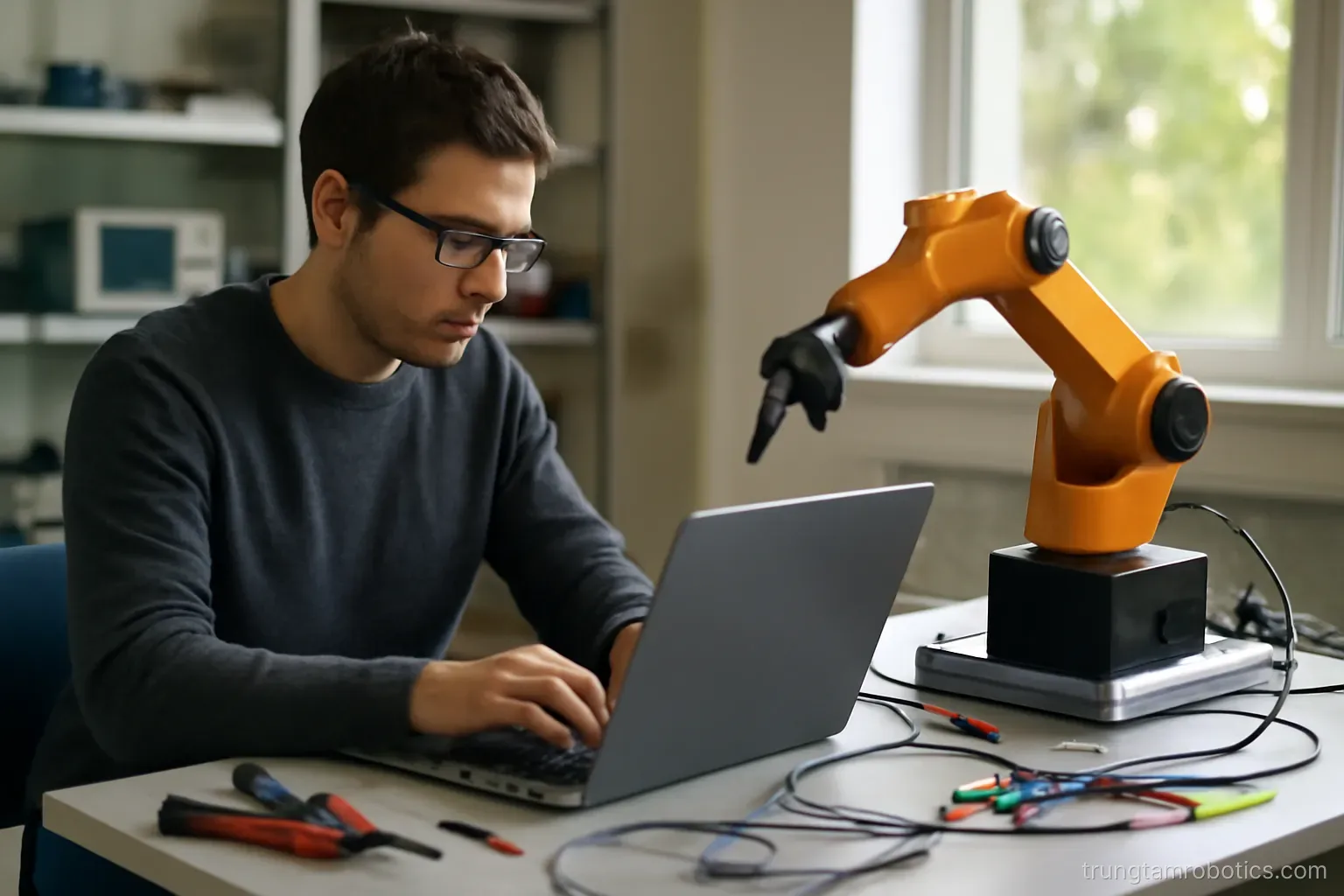 Lập trình viên ngồi trước máy tính bên cạnh một cánh tay robot đang chạy thử